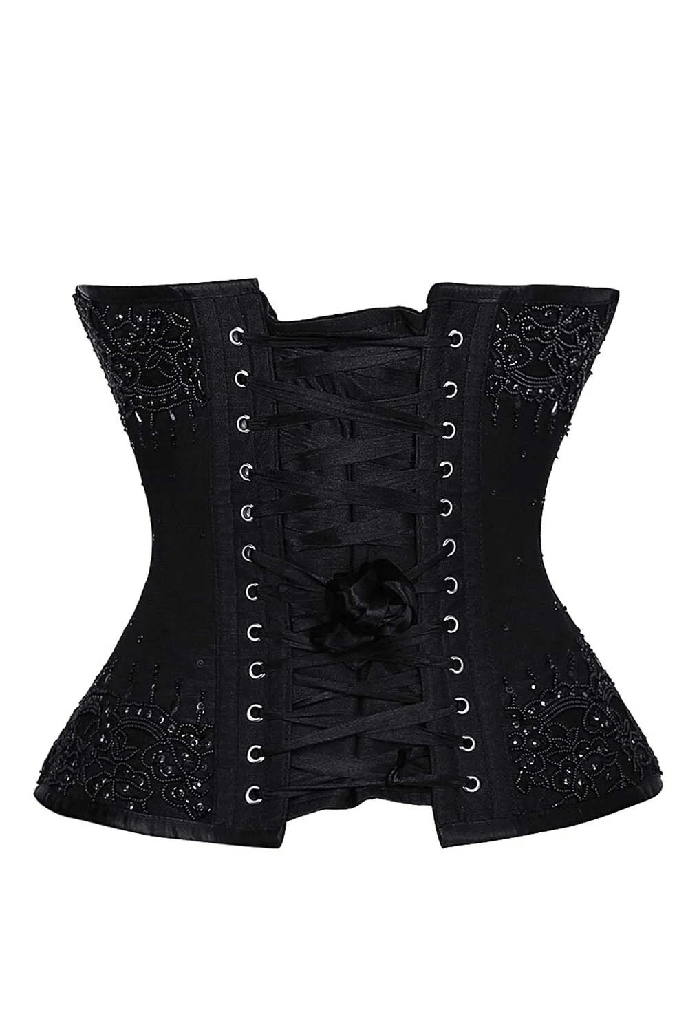 Alt Tag: Black Lace Overlay Overbust Steel Boned Corset with satin base, ornate lace overlay, steel boning, and back lacing for gothic hourglass fit