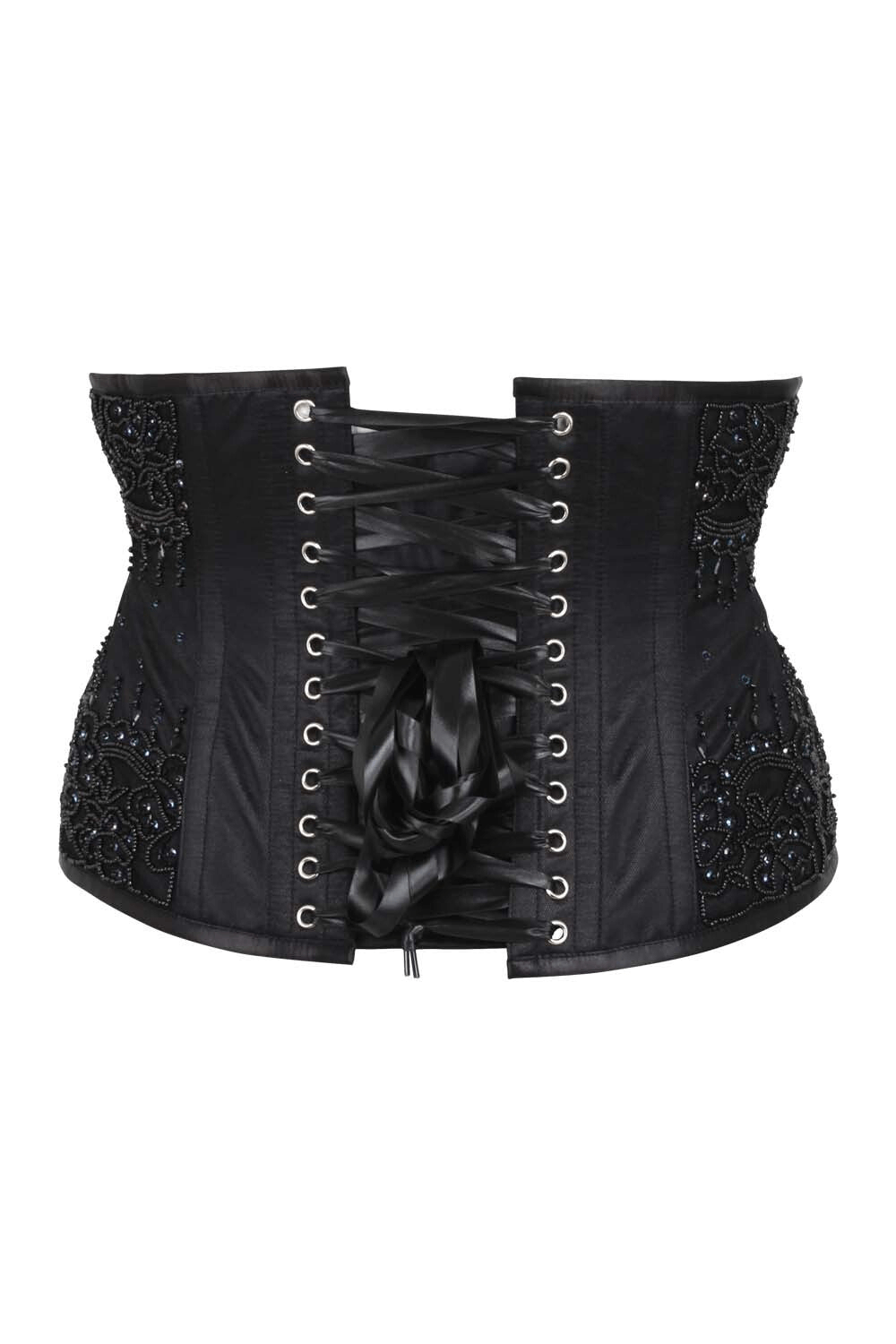 Alt Tag: Black Lace Overlay Underbust Corset in Gothic Style, black satin waist cincher with beaded lace panels, busk front and back lacing