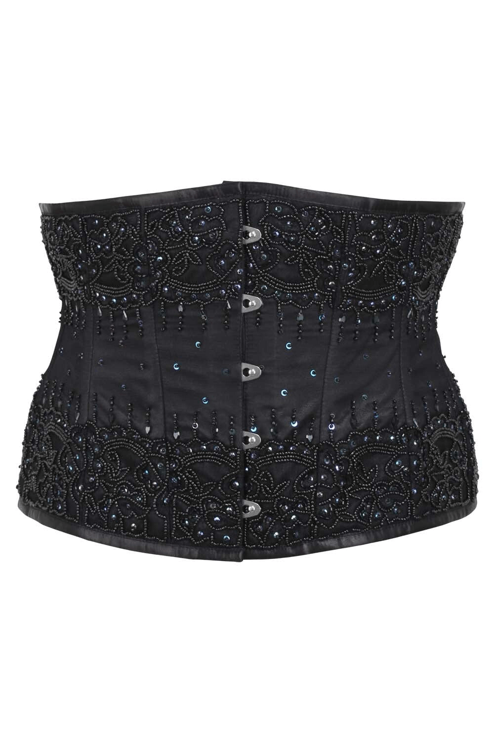 Alt Tag: Black Lace Overlay Underbust Corset in Gothic Style beaded satin waist cincher with busk closure, lace overlay and back lacing
