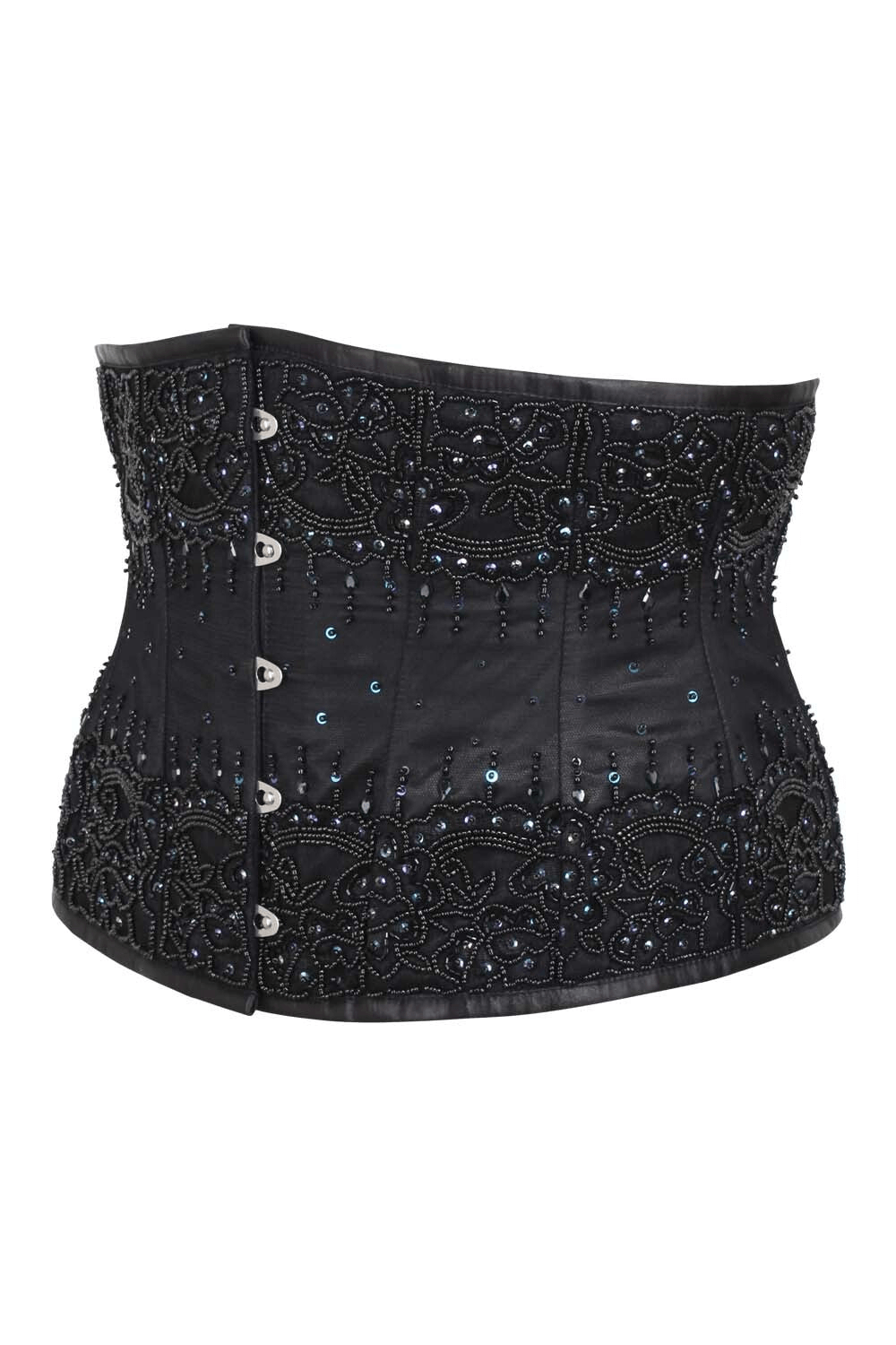 Alt Tag: Black Lace Overlay Underbust Corset in Gothic Style beaded satin waist cincher with lace overlay, busk closure and back lacing