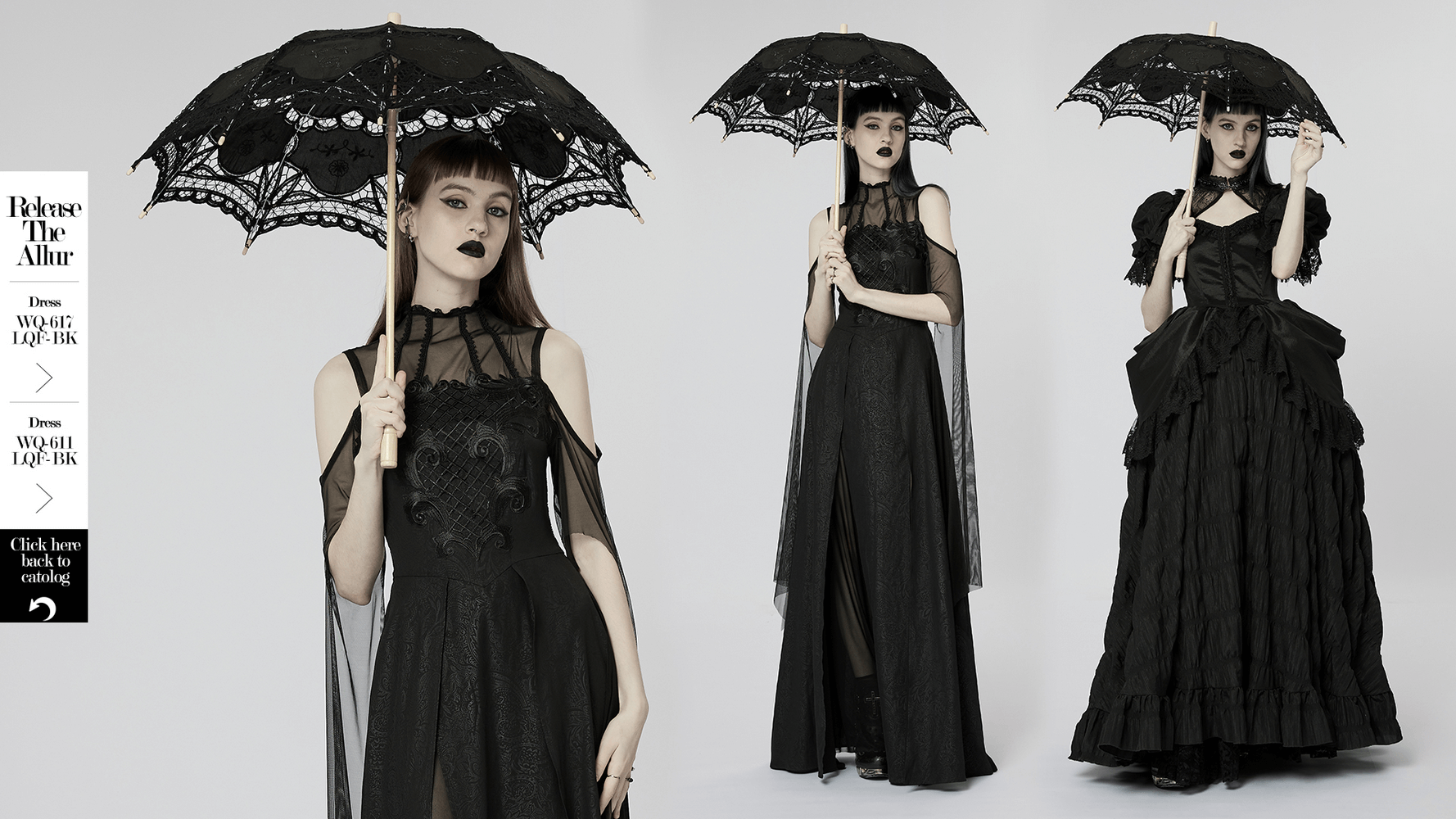 Black lace parasol with elegant embroidery held by model wearing gothic outfits, perfect for Victorian events.
