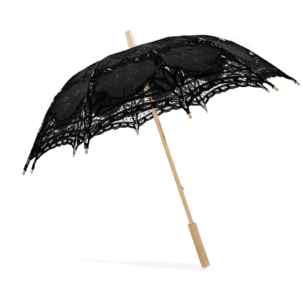 Black lace parasol with embroidery and wood handle, perfect for gothic outfits and romantic photoshoots.
