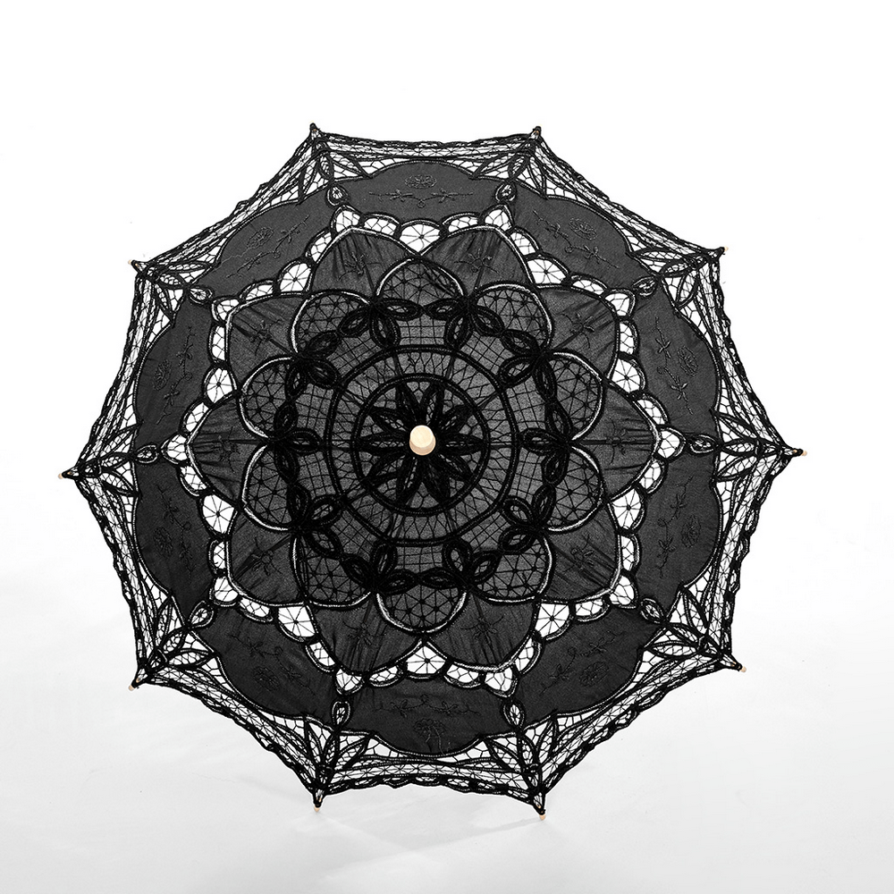 Elegant black lace parasol with intricate embroidery and wooden handle, perfect for gothic attire and vintage events.