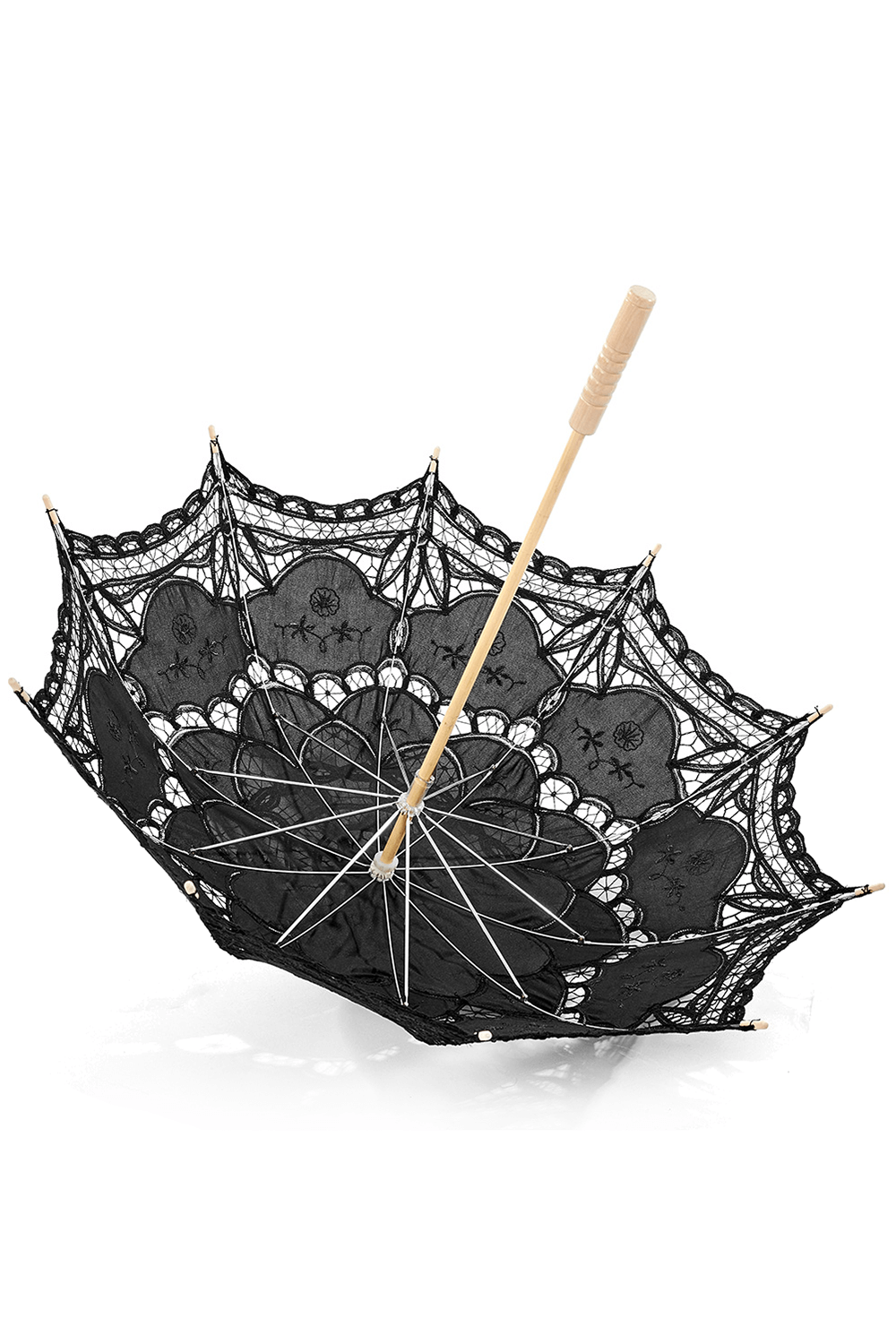 Black lace parasol with embroidery, wooden handle, perfect for gothic fashion and vintage-inspired events.