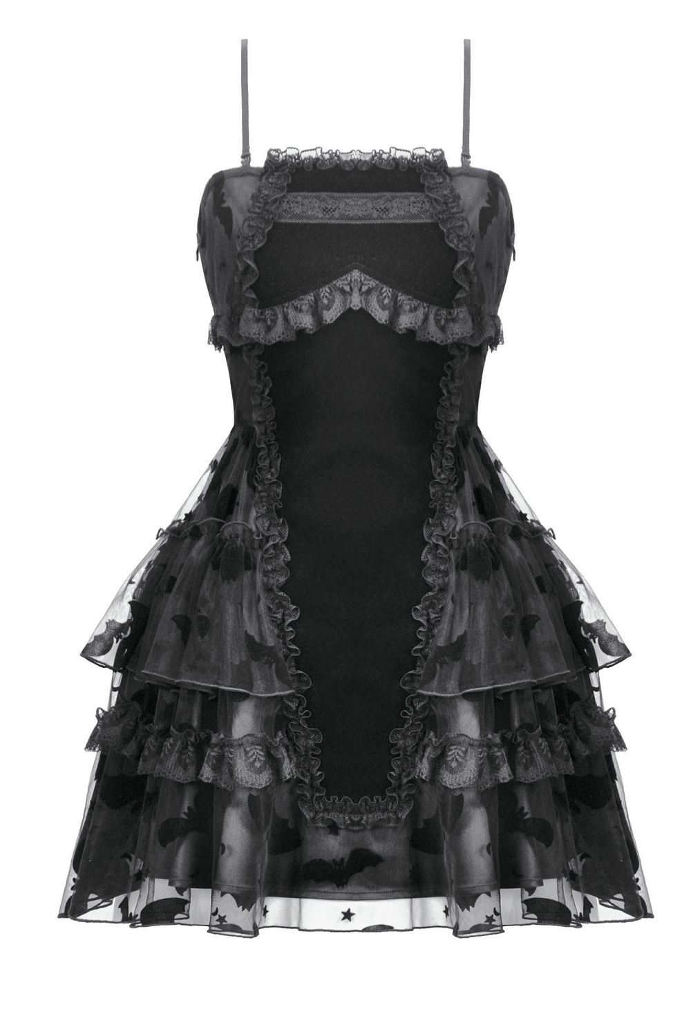 Black lace ruffled Gothic dress featuring bat print, adjustable straps, and vintage-inspired lace detailing.