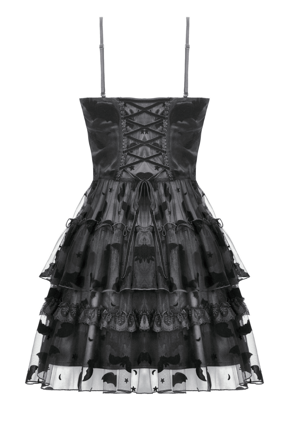 Black lace ruffled Gothic dress with bat print and lace-up front for a dark, elegant style.