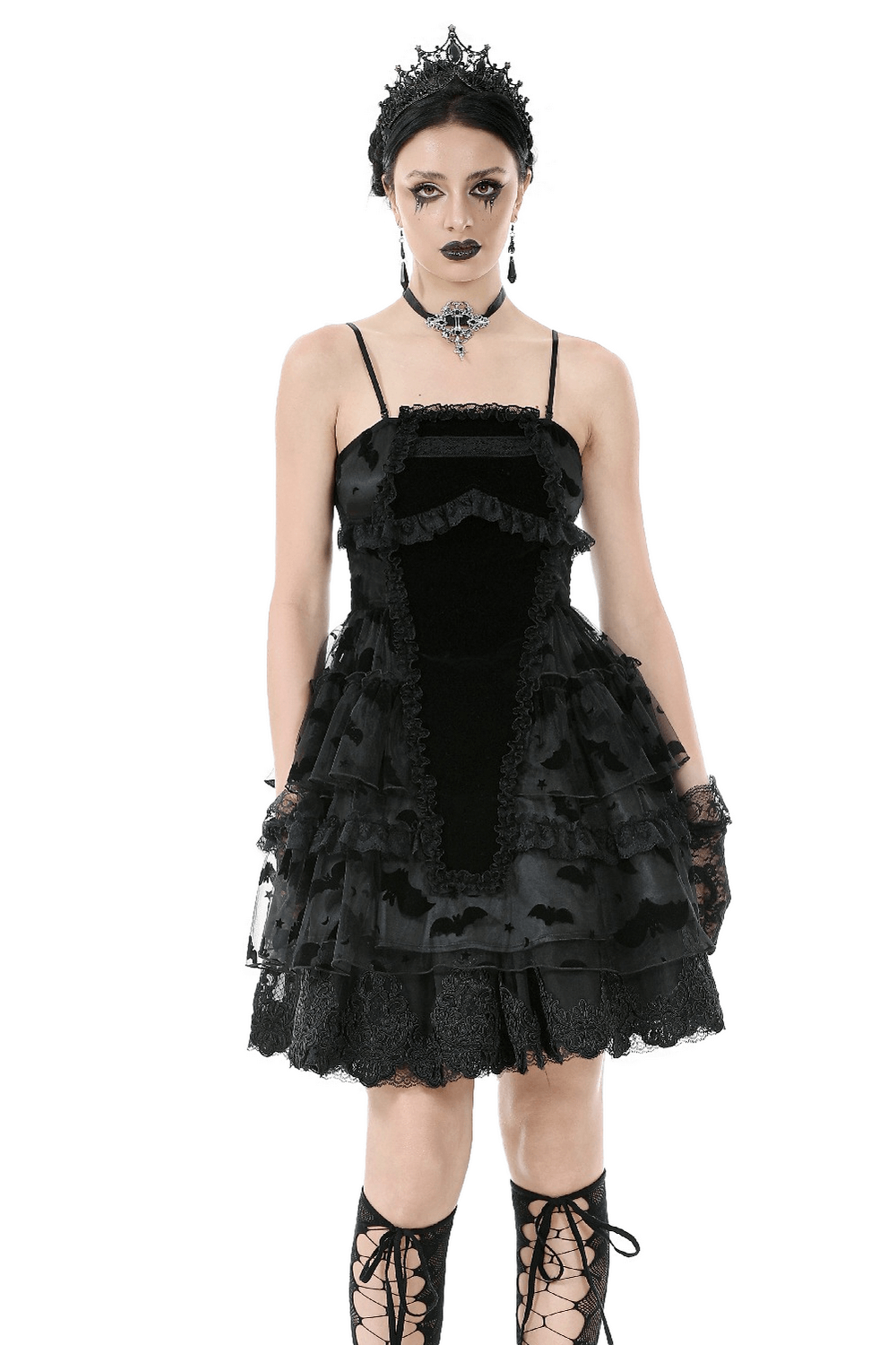 Black lace ruffled Gothic dress with bat print, lace-up details, and adjustable straps, perfect for dark elegance.