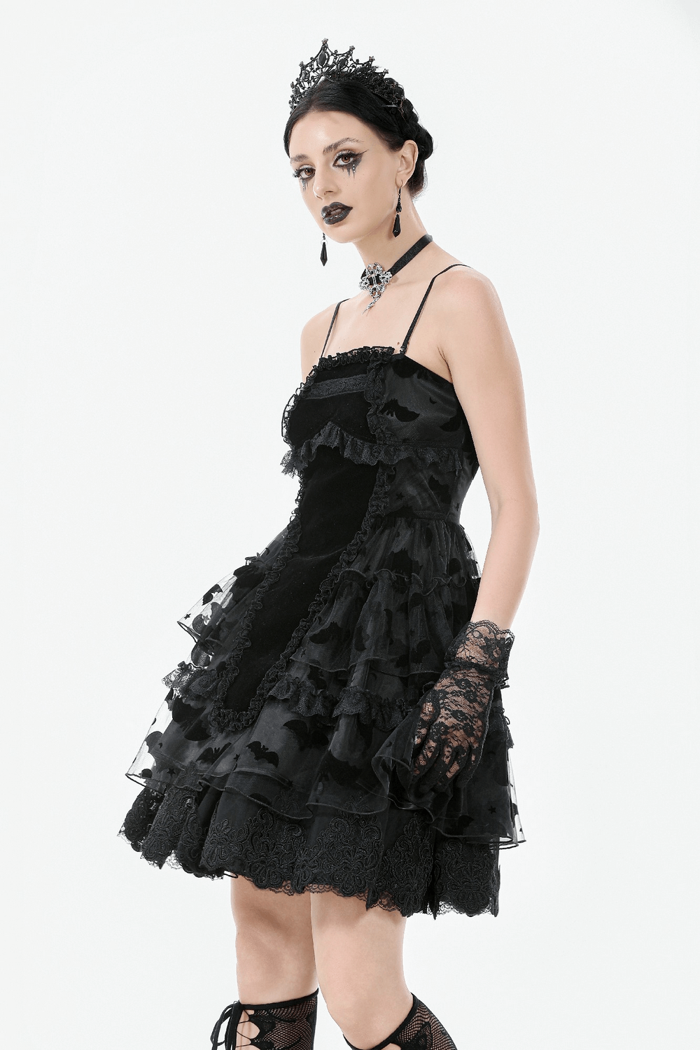 Black lace ruffled gothic dress with bat print, lace-up back, and adjustable straps for a perfect fit.