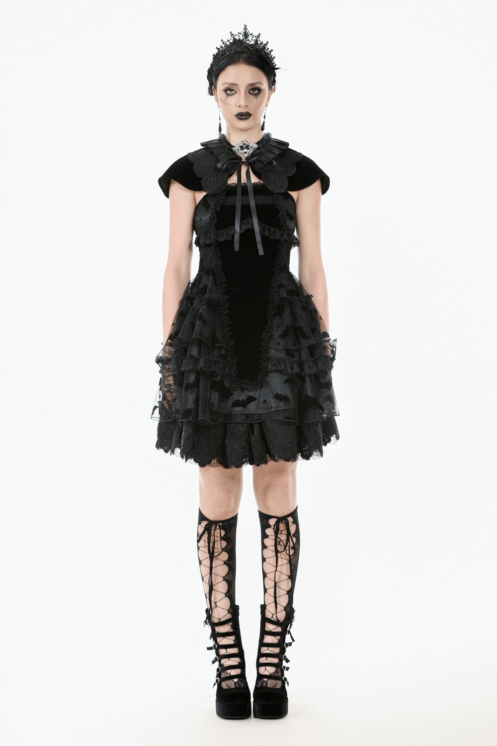 Gothic black lace ruffled dress with bat print, lace-up back, and elegant accessories for a darkly whimsical look.