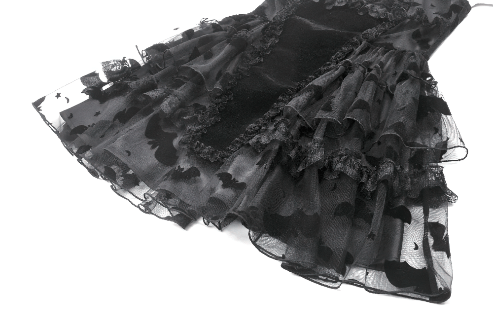 Black lace ruffled Gothic dress with bat print, showcasing intricate details and layers for dark elegance.
