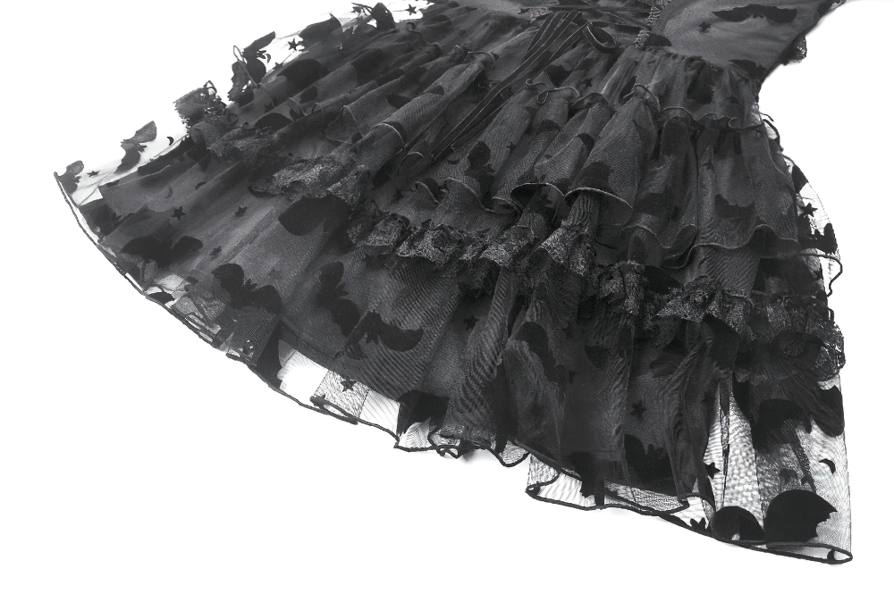 Black lace ruffled Gothic dress with whimsical bat print and delicate lace detailing.