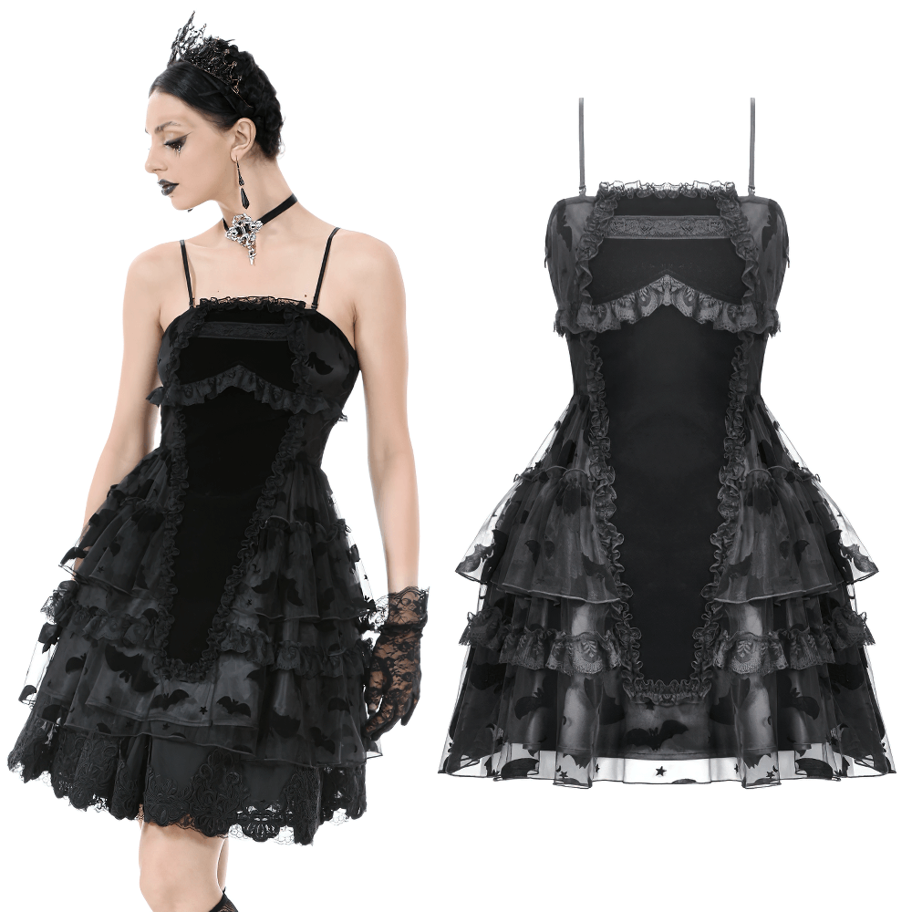 Black Gothic lace ruffled dress with bat print, adjustable straps, and vintage-inspired elegance.