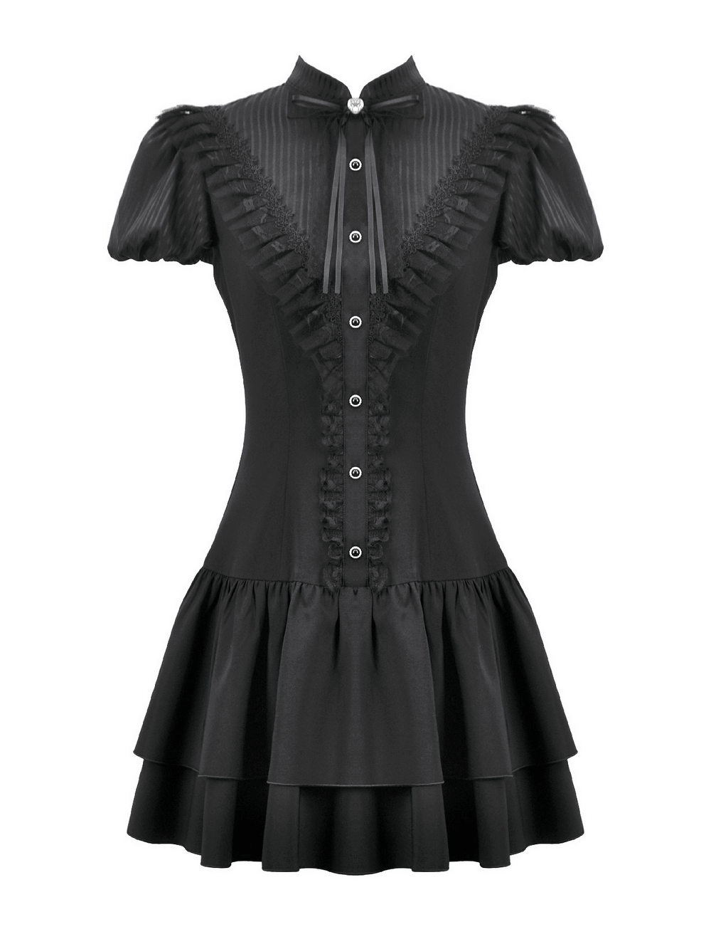 Black Lace Ruffled Gothic Dress with Puff Sleeves and Bow, featuring lace ruffles and puff sleeves for a vintage-inspired look.