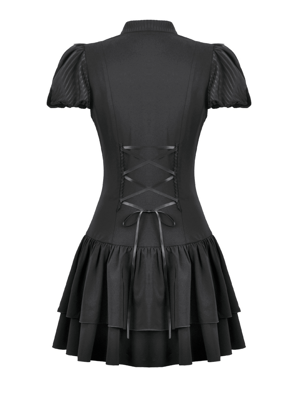 Black Lace Ruffled Gothic Dress with Puff Sleeves and Bow featuring corset back and ruffled layers.