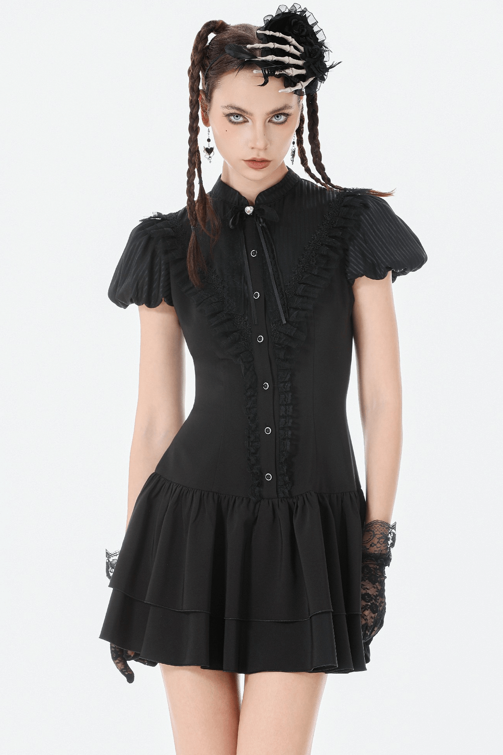 Black Lace Ruffled Gothic Dress with Puff Sleeves and Bow on a model, showcasing its elegant design and ruffled layers.