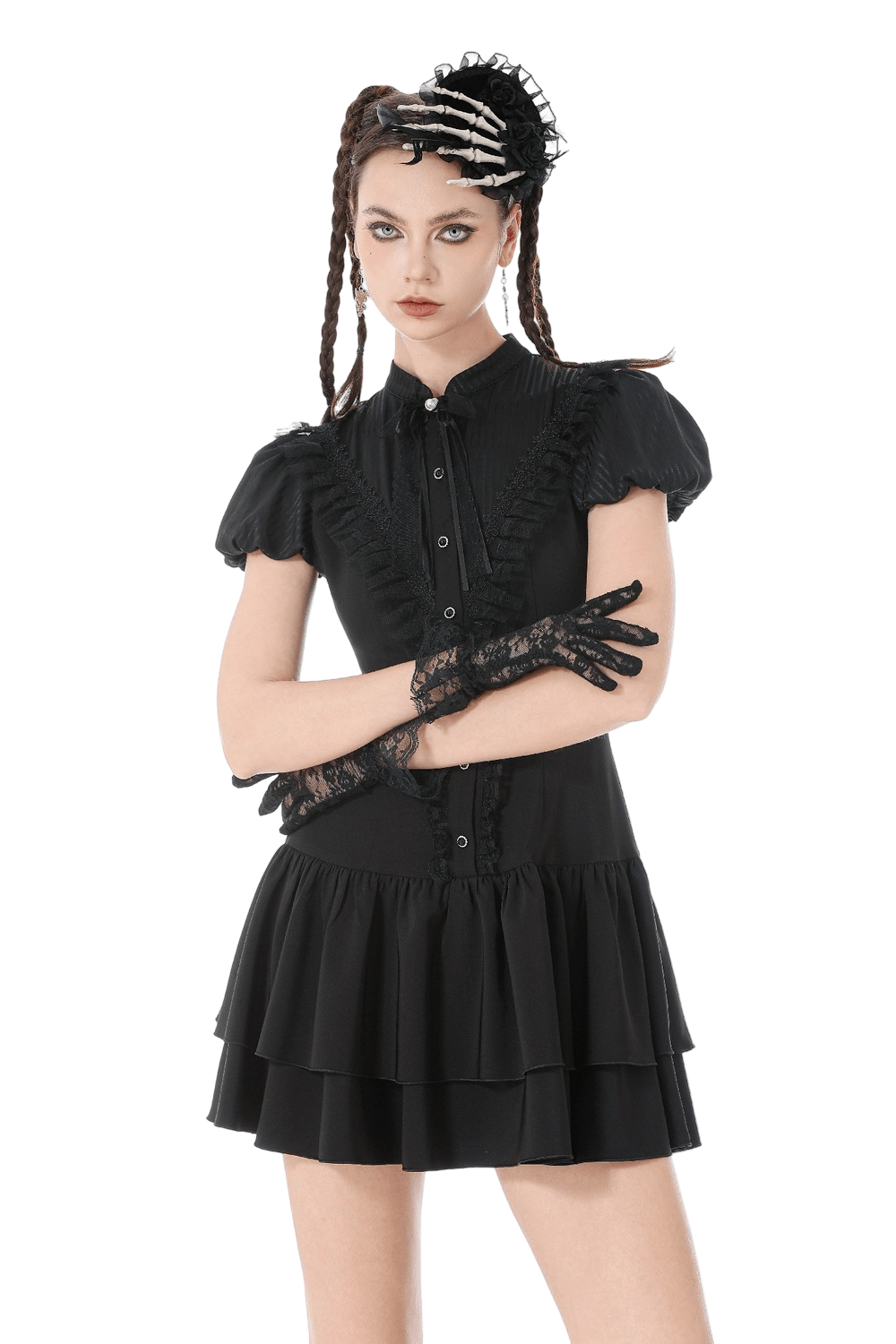 Black Lace Ruffled Gothic Dress with Puff Sleeves and Bow showcased with lace gloves and stylish hair accessory.