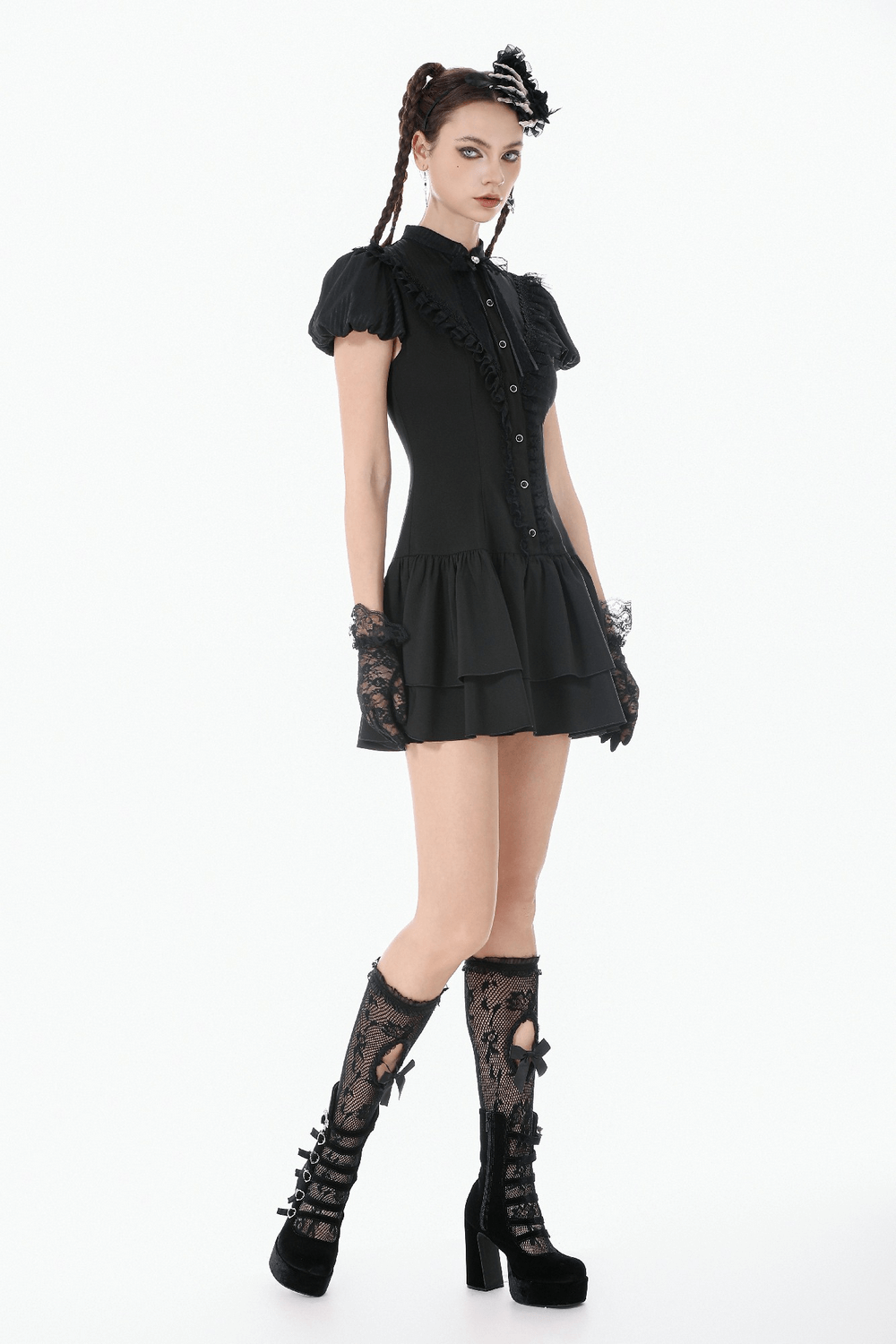 Black Lace Ruffled Gothic Dress with Puff Sleeves and Bow showcased in a chic gothic outfit.