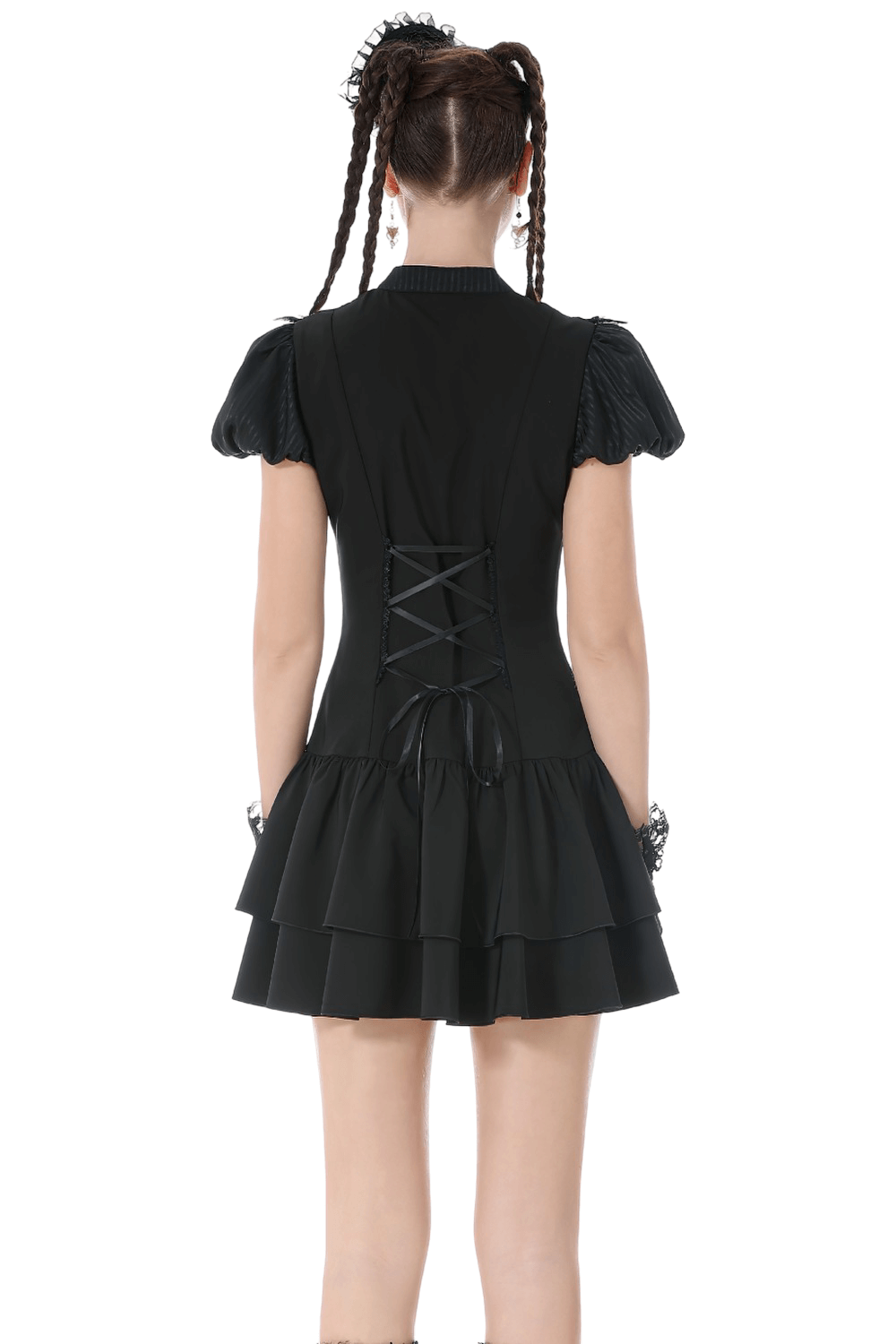 Black Lace Ruffled Gothic Dress with Puff Sleeves and Bow, featuring a corset back and stylish ruffled hem.