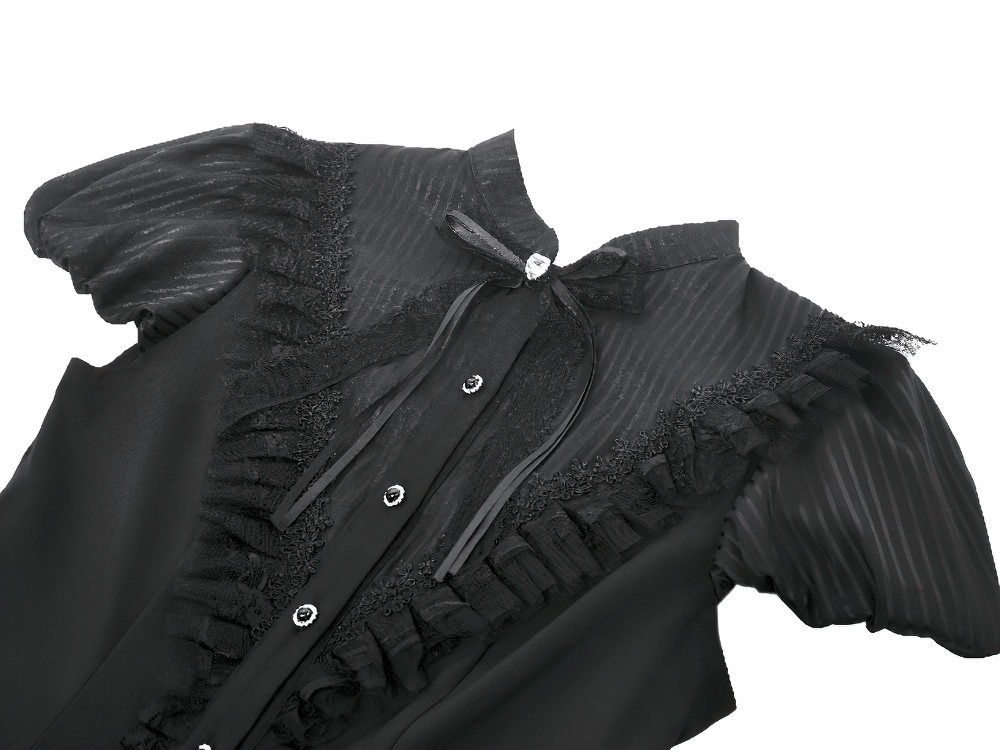Black Lace Ruffled Gothic Dress with Puff Sleeves and Bow - elegant gothic style with lace and ruffles.