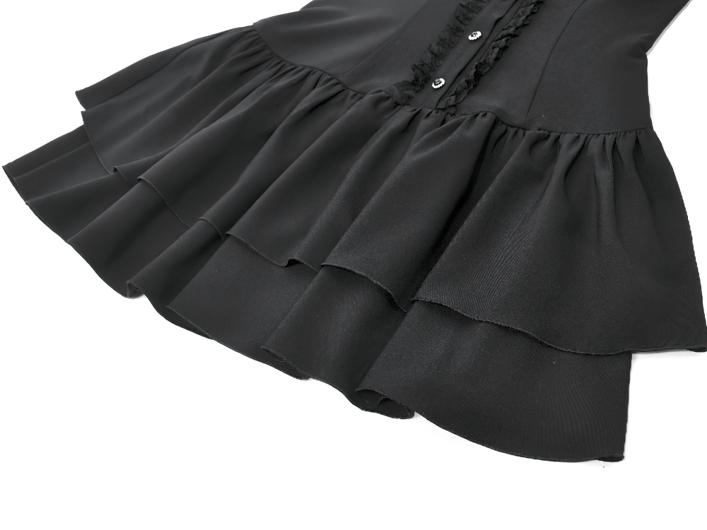 Black Lace Ruffled Gothic Dress with Puff Sleeves and Bow showcasing detailed ruffles and elegant texture.