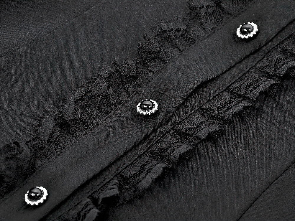 Black Lace Ruffled Gothic Dress with Puff Sleeves and Bow - close-up of lace and buttons detail