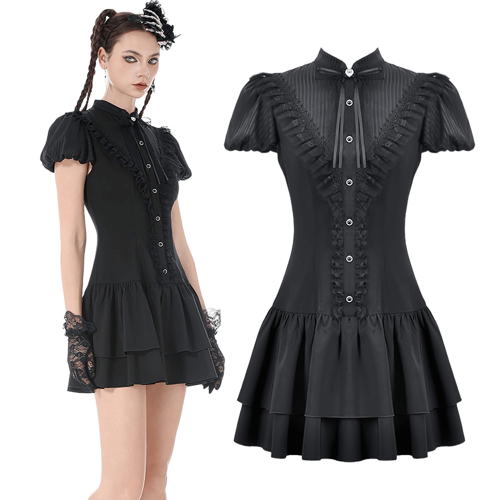 Black Lace Ruffled Gothic Dress with Puff Sleeves and Bow worn by a model, showcasing elegance and vintage style.
