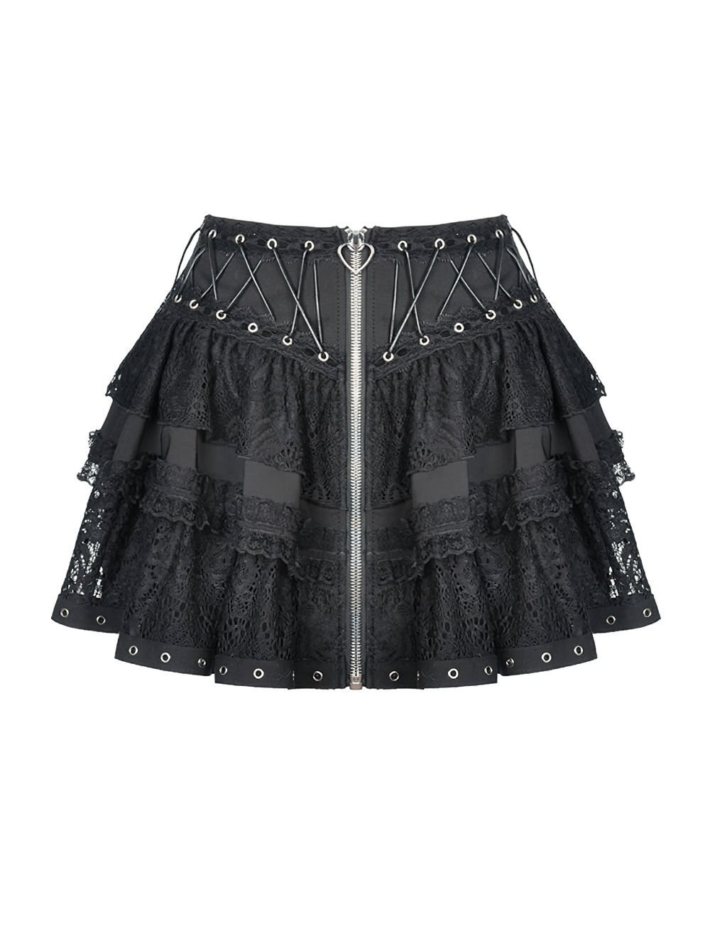 Gothic black lace ruffled skirt with adjustable lacing and zip closure, featuring heart-shaped detail.