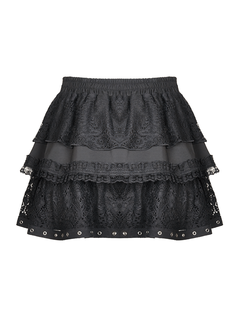 Gothic black lace ruffled skirt with adjustable lacing, eye-catching design, and stylish layers.