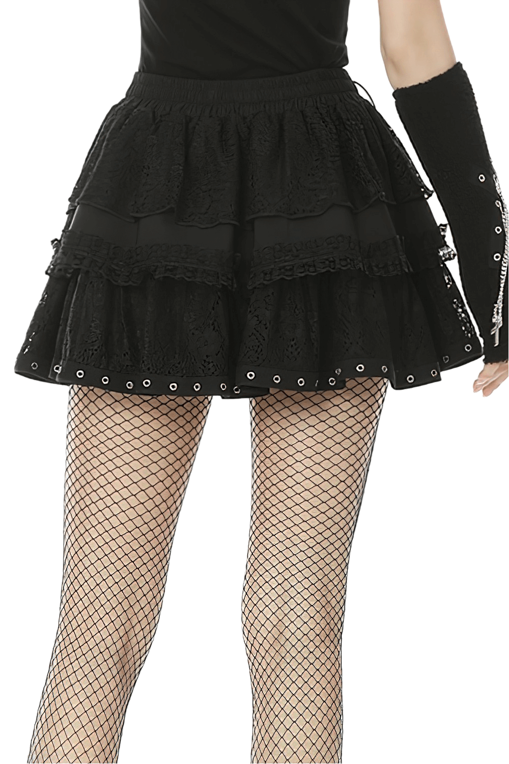Gothic black lace ruffled skirt with adjustable lacing and zip, featuring stylish layers and fishnet stockings.