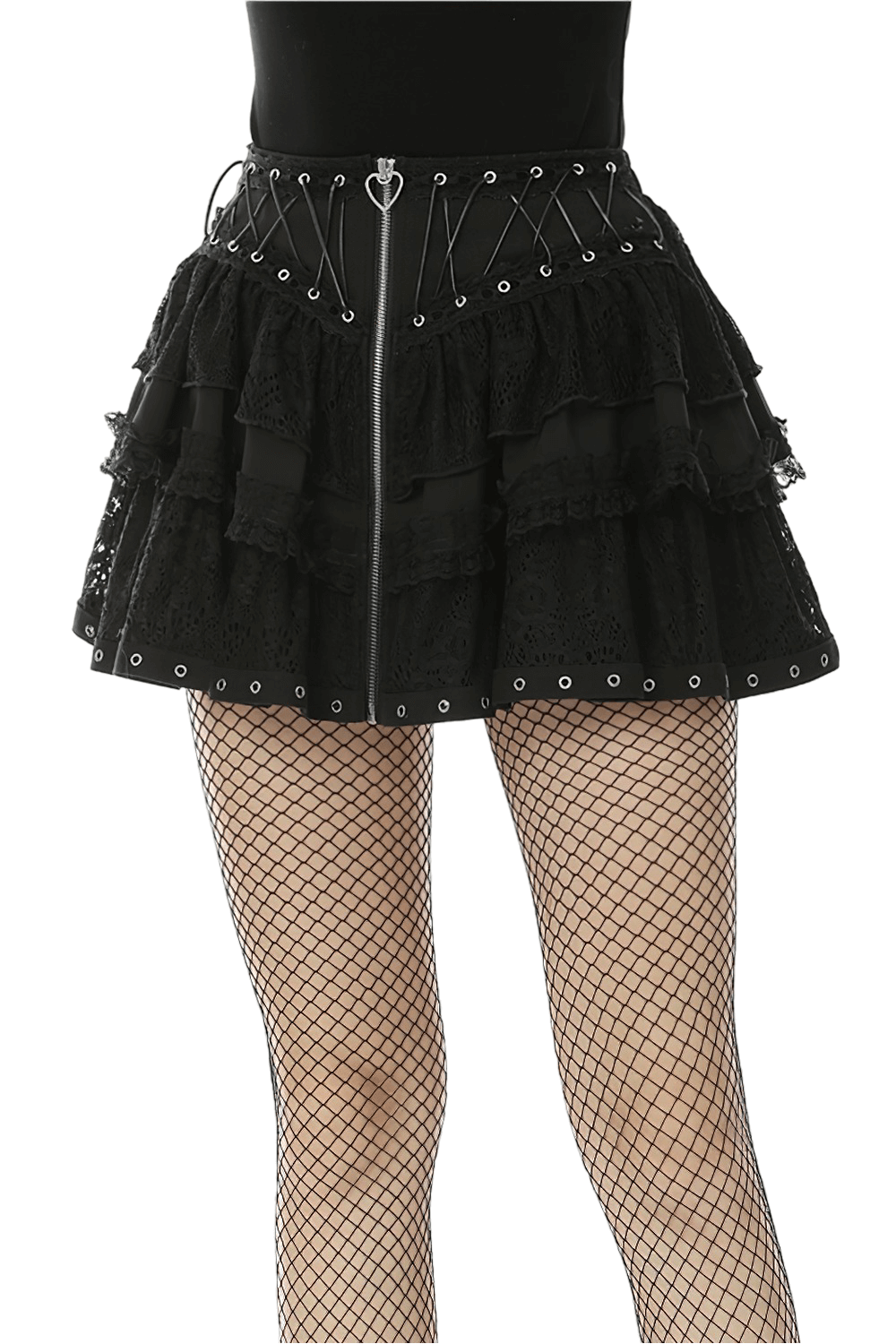 Gothic black lace ruffled skirt with heart-shaped lacing and zip closure, perfect for an edgy fashion statement.