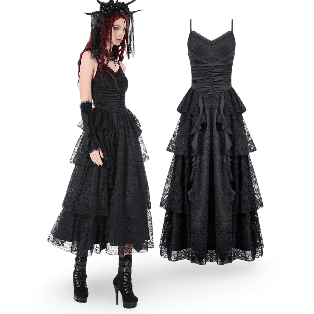 Black Lace Ruffled Tiered Gothic Dress with Spaghetti Straps, featuring a vintage-inspired design and elegant ruffles.