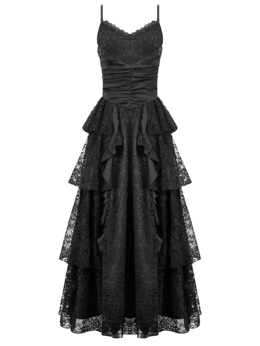 Black Lace Ruffled Tiered Gothic Dress with Spaghetti Straps showcasing elegant lace and satin ruffles.