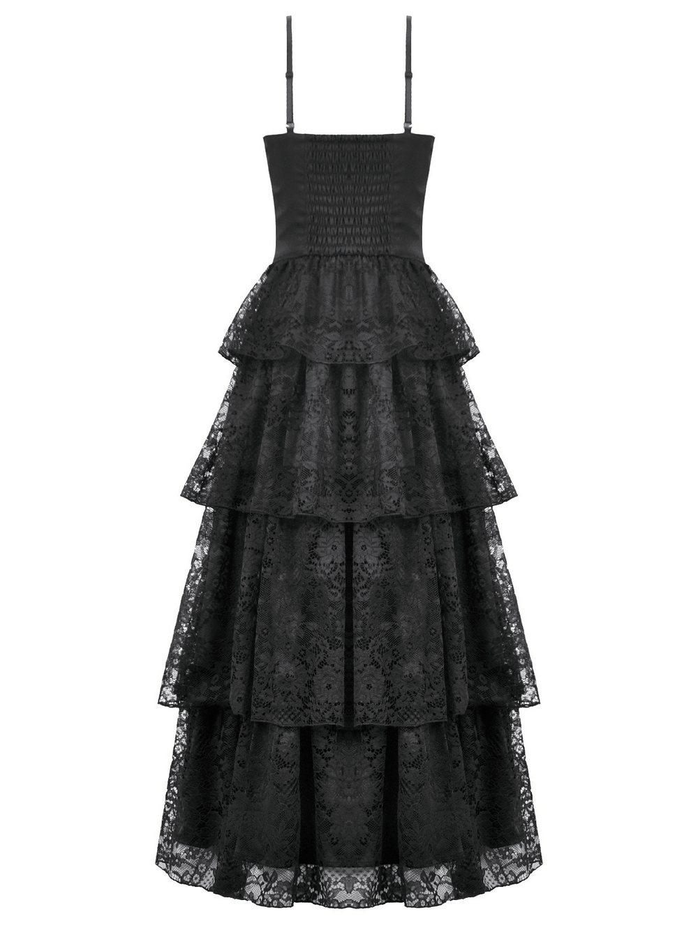 Black Lace Ruffled Tiered Gothic Dress with Spaghetti Straps showcasing a stunning tiered design and elegant silhouette.