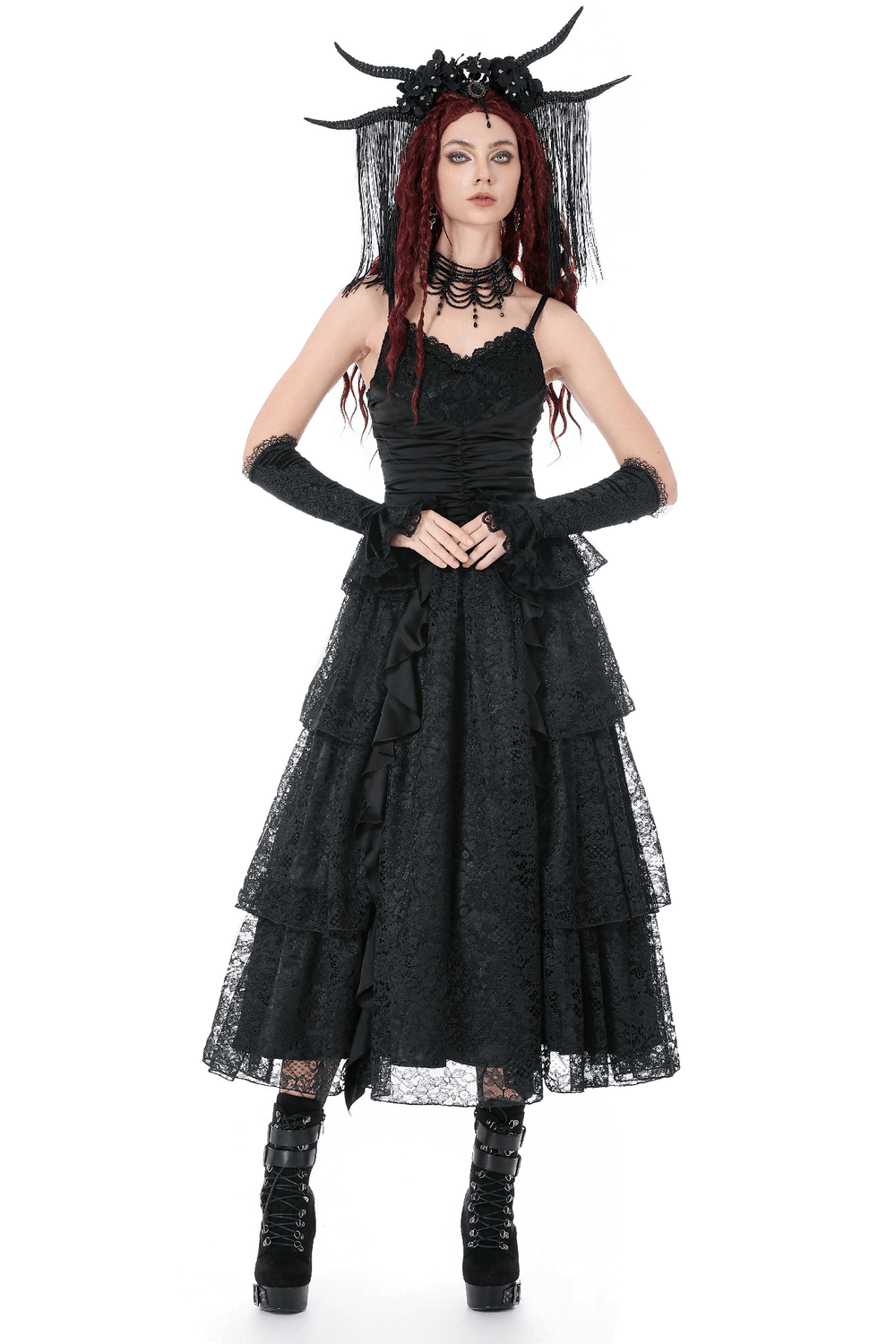 Black Lace Ruffled Tiered Gothic Dress with Spaghetti Straps showcased on a model, exuding vintage elegance.