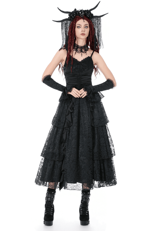 Schwarzes gotisches Spitzen-High-Low-Partykleid mit Rüschen