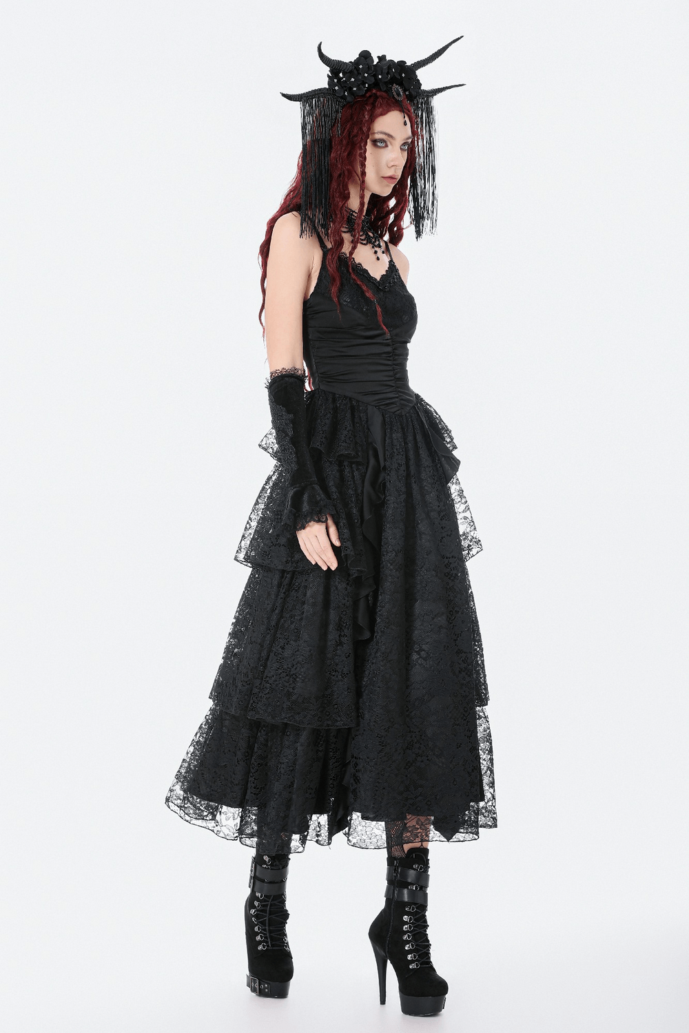 Black Lace Ruffled Tiered Gothic Dress with Spaghetti Straps on a model showcasing Victorian elegance and style.