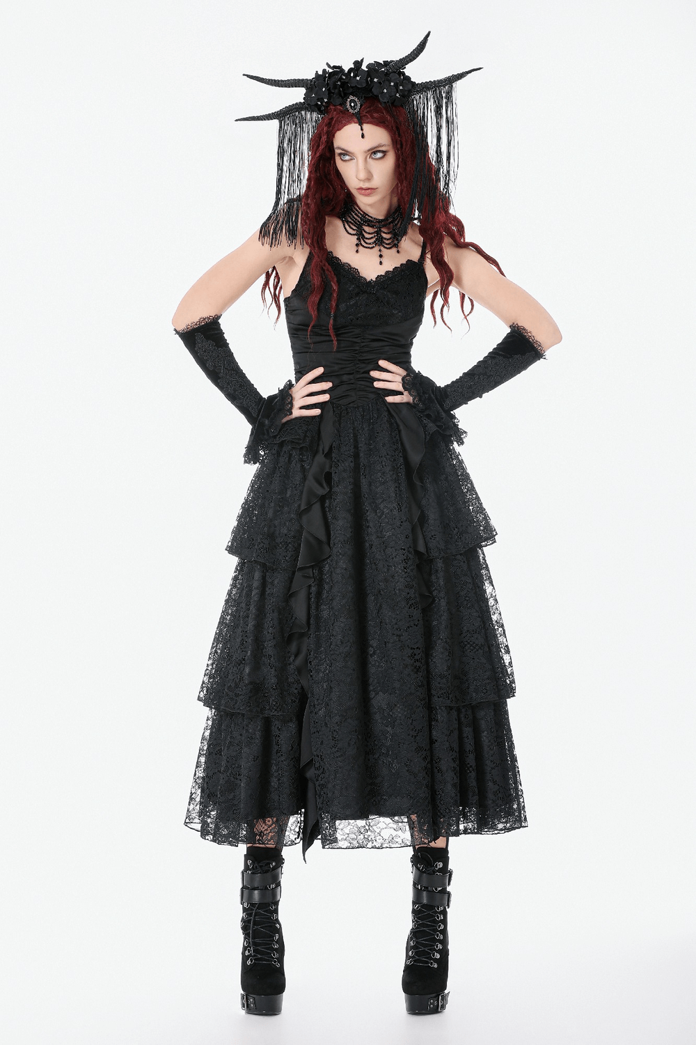 Black Lace Ruffled Tiered Gothic Dress with Spaghetti Straps worn by a model with elegant gothic accessories.