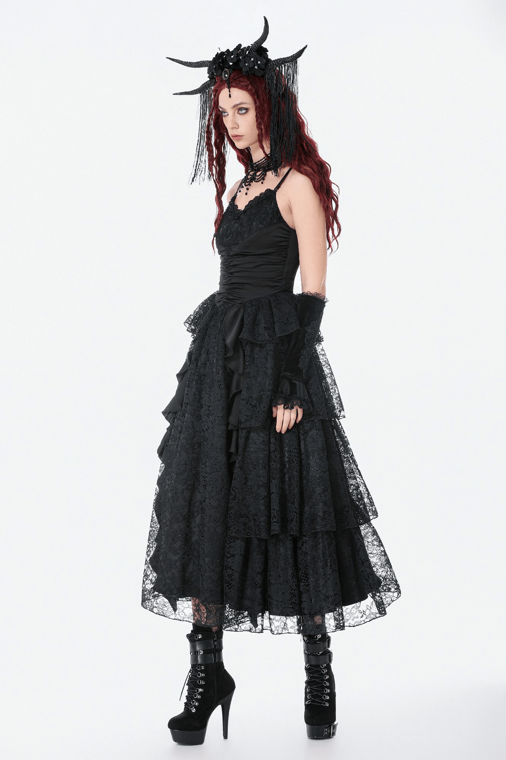 Black Lace Ruffled Tiered Gothic Dress with Spaghetti Straps shown on model with gothic accessories.