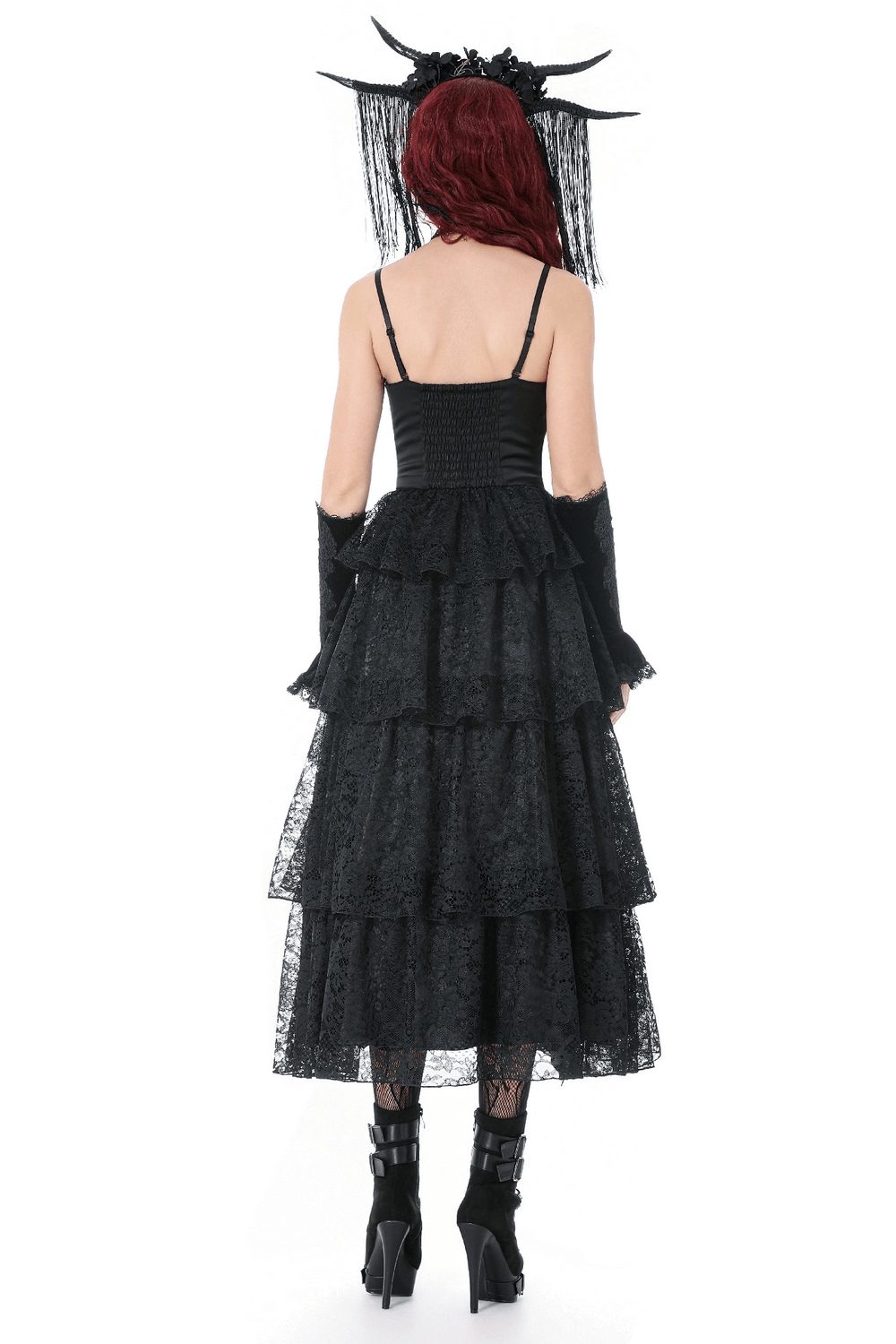 Black Lace Ruffled Tiered Gothic Dress with Spaghetti Straps back view showcasing the exquisite tiered design.