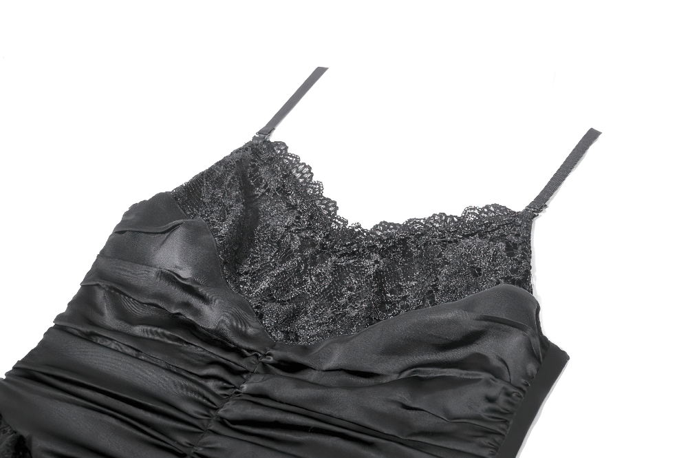 Black Lace Ruffled Tiered Gothic Dress with Spaghetti Straps featuring elegant lace and rich satin materials.