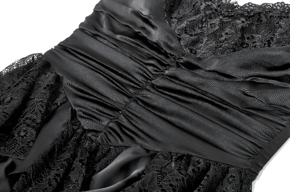 Black Lace Ruffled Tiered Gothic Dress with Spaghetti Straps close-up of ruched bodice and lace details