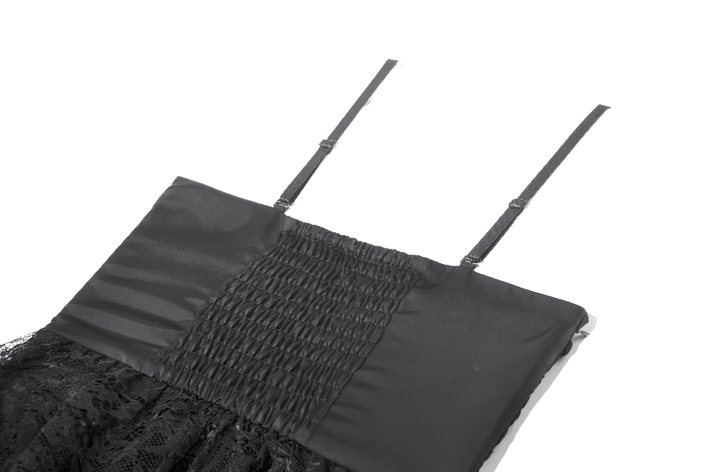 Black Lace Ruffled Tiered Gothic Dress with Spaghetti Straps featuring a ruched bodice and adjustable straps.