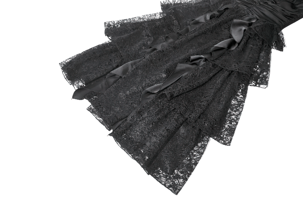 Black Lace Ruffled Tiered Gothic Dress with Spaghetti Straps showcasing intricate lace and satin details.