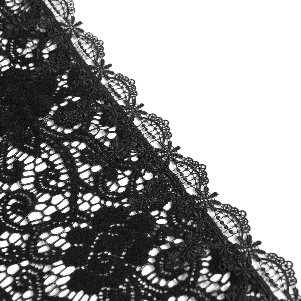 Black Lace Shawl with Fringed Hem for Gothic and Boho Style close-up showcasing intricate lace design