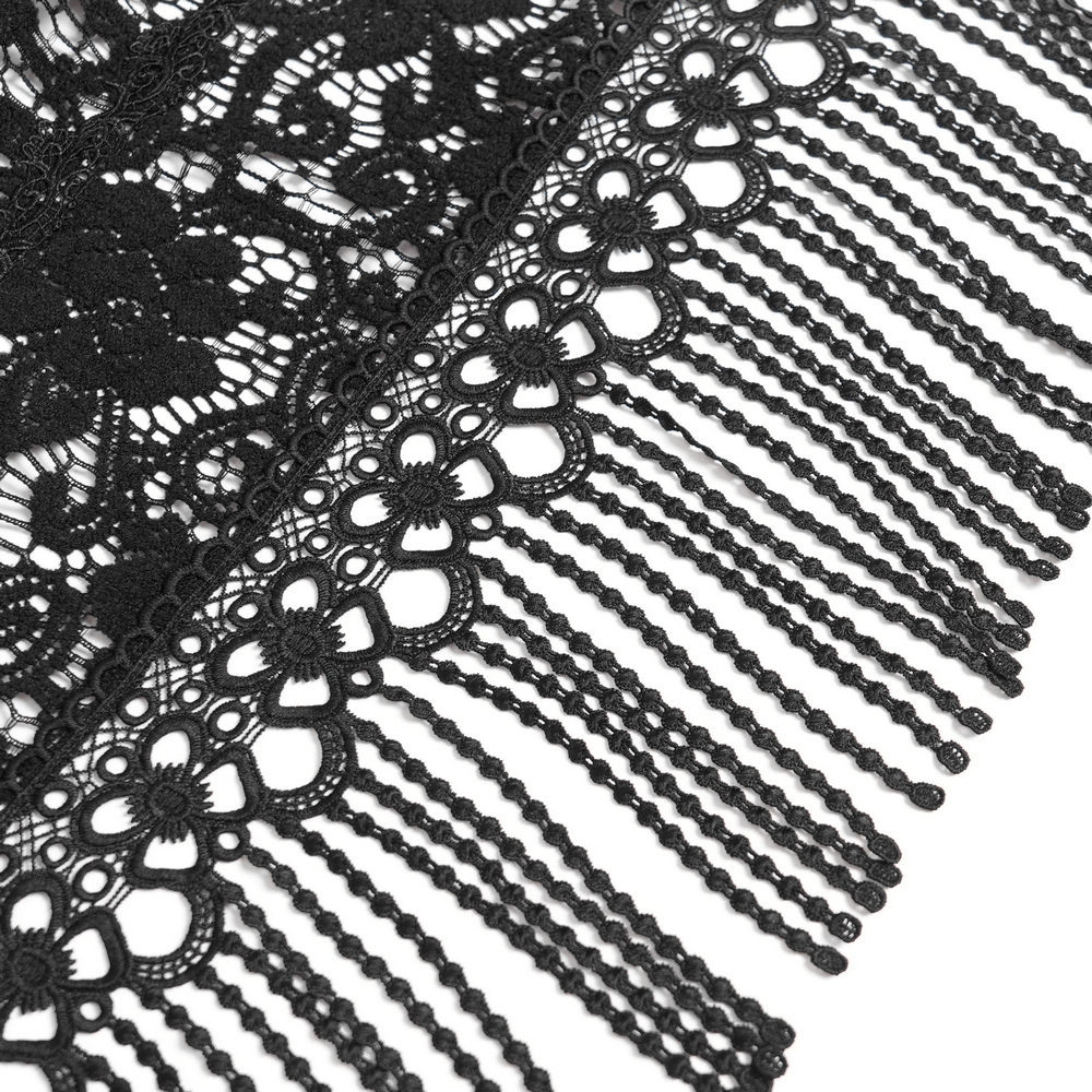 Black Lace Shawl with Fringed Hem for Gothic and Boho Style detail showing intricate lace and fringed hem.