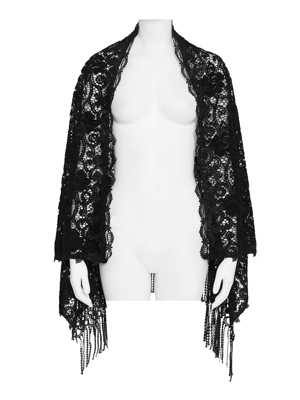 Black Lace Shawl with Fringed Hem for Gothic and Boho Style displayed on a mannequin.