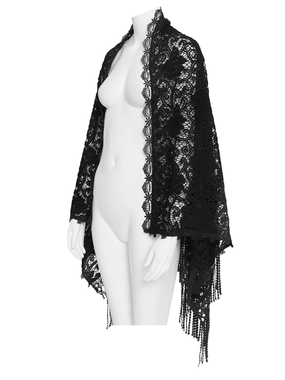 Black Lace Shawl with Fringed Hem for Gothic and Boho Style displayed elegantly on a mannequin.