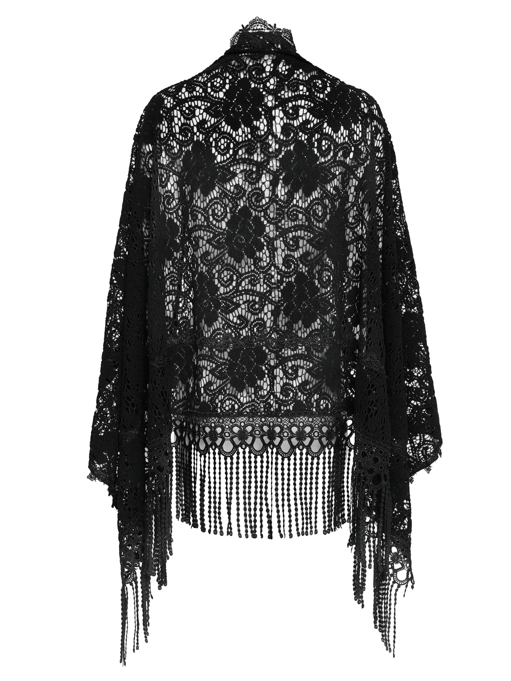 Black Lace Shawl with Fringed Hem for Gothic and Boho Style, showcasing intricate lace and beaded fringe design.