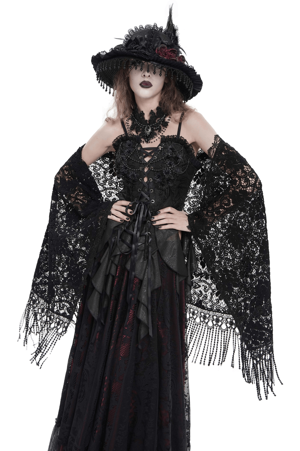 Black Lace Shawl with Fringed Hem for Gothic and Boho Style draped over a stunning gothic outfit.