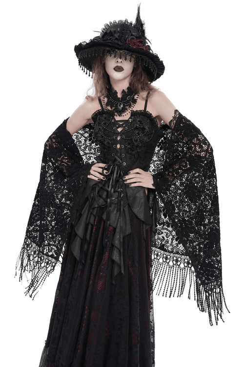 Châle en dentelle noire avec ourlet à franges pour style gothique et bohème